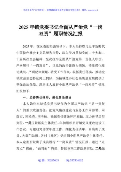 2025年镇党委书记全面从严治党“一岗双责”履职情况汇报