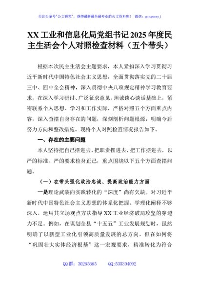 XX工业和信息化局党组书记2025年度民主生活会个人对照检查材料（五个带头）