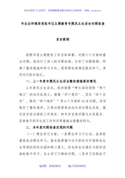 市生态环境局党组书记主题教育专题民主生活会对照检查发言提纲