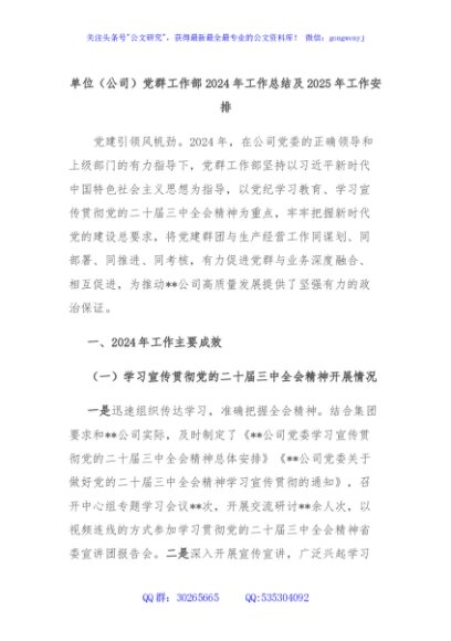 单位（公司）党群工作部2024年工作总结及2025年工作安排