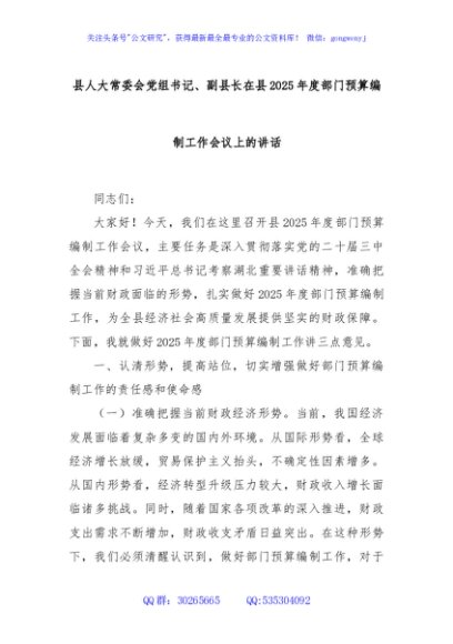 县人大常委会党组书记、副县长在县2025年度部门预算编制工作会议上的讲话