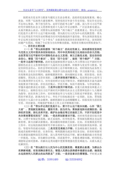 政府党组党史学习教育专题民主生活会“五个带头”对照检查材料