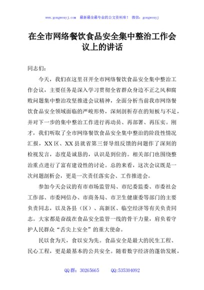 在全市网络餐饮食品安全集中整治工作会议上的讲话