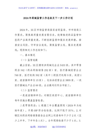 2024年药械监管工作总结及下一步工作计划