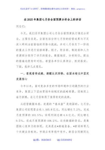 在2025年集团七月份全面预算分析会上的讲话