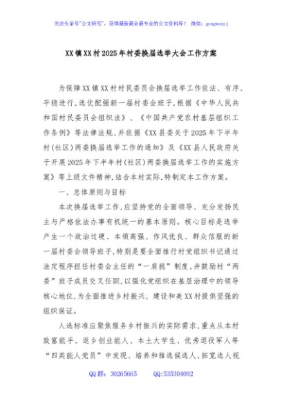 XX镇XX村2025年村委换届选举大会工作方案