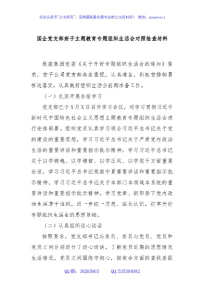国企党支部班子主题教育专题组织生活会对照检查材料