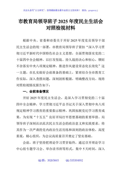 市教育局领导班子2025年度民主生活会对照检视材料