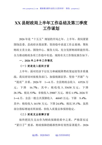 XX县财政局上半年工作总结及第三季度工作谋划