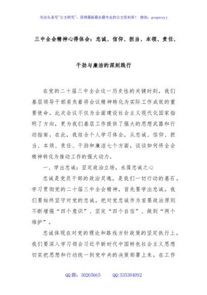 三中全会精神心得体会：忠诚、信仰、担当、本领、责任、干劲与廉洁的深刻践行