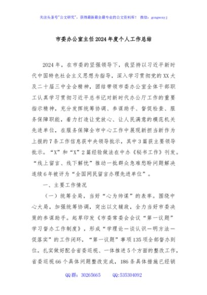 市委办公室主任2024年度个人工作总结