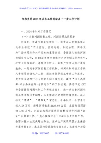 市水务局2024年以来工作总结及下一步工作计划