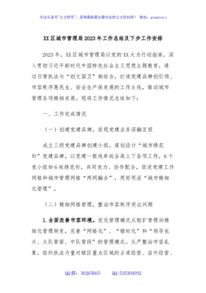 XX区城市管理局2023年工作总结及下步工作安排