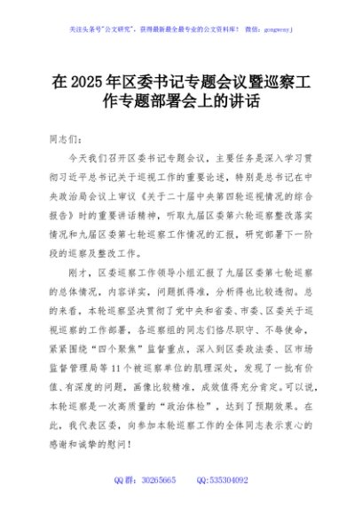 在2025年区委书记专题会议暨巡察工作专题部署会上的讲话