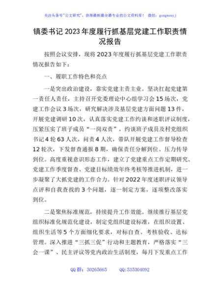 乡镇书记2023年度履行抓基层党建工作职责情况报告3000字（党建述职）