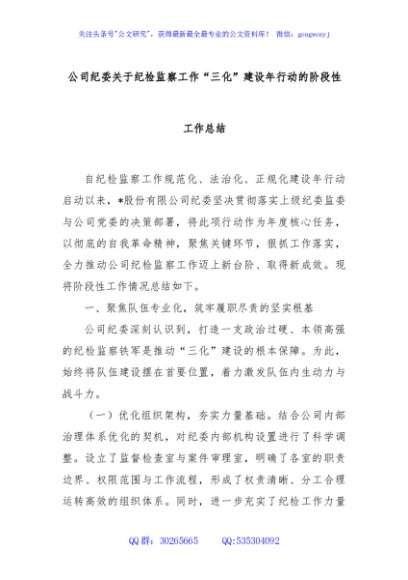 公司纪委关于纪检监察工作“三化”建设年行动的阶段性工作总结