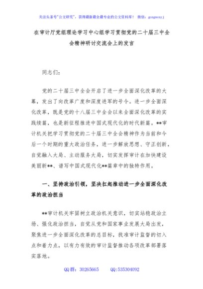在审计厅党组理论学习中心组学习贯彻党的二十届三中全会精神研讨交流会上的发言