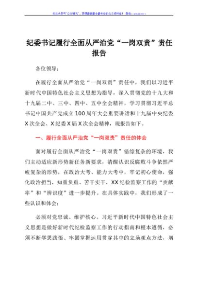 纪委书记履行全面从严治党“一岗双责”总结报告