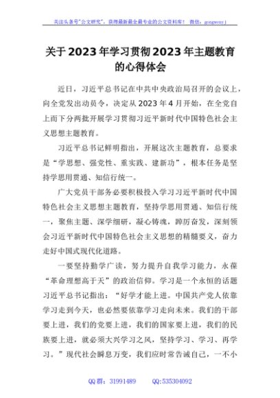 关于2023年学习贯彻2023年主题教育的心得体会