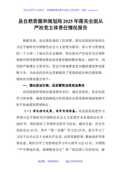 县自然资源和规划局2025年落实全面从严治党主体责任情况报告