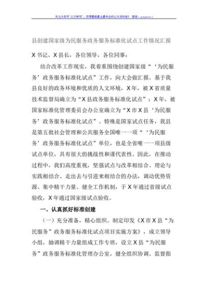 县创建国家级为民服务政务服务标准化试点工作情况汇报