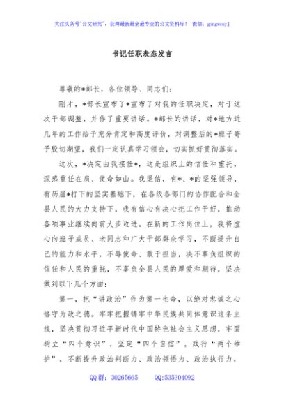 书记任职表态发言