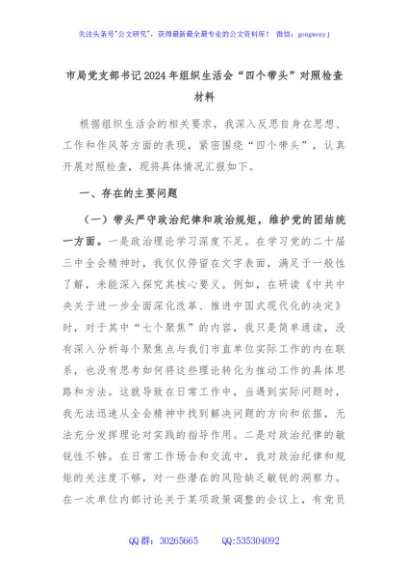 市局党支部书记2024年组织生活会“四个带头”对照检查材料