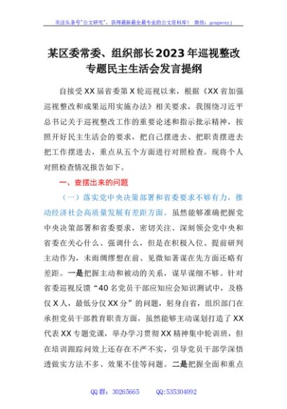 某区委常委、组织部长2023年巡视整改专题民主生活会发言提纲