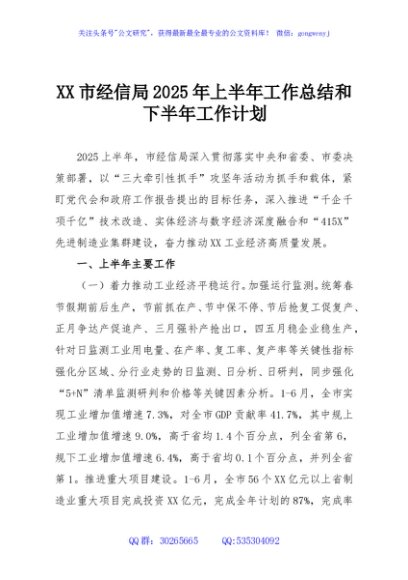 XX市经信局2025年上半年工作总结和下半年工作计划