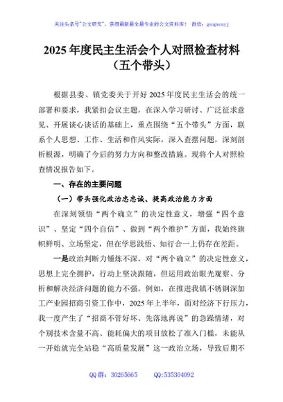 2025年度民主生活会个人对照检查材料（五个带头）