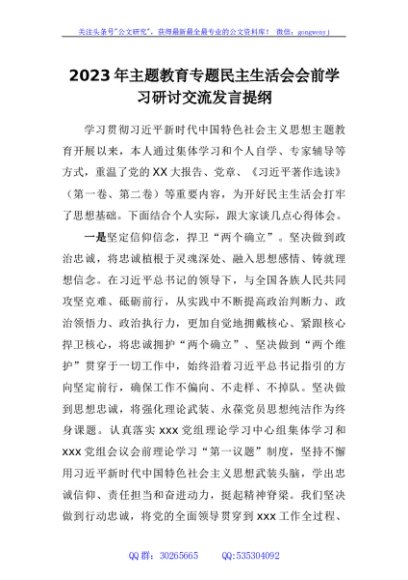 2023年主题教育专题民主生活会会前学习研讨交流发言提纲