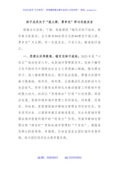 班子成员关于“挑大梁、勇争先”研讨交流发言