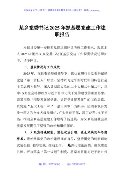 某乡党委书记2025年抓基层党建工作述职报告