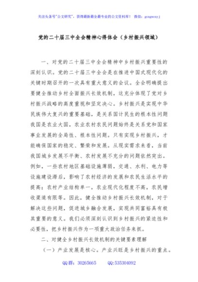党的二十届三中全会精神心得体会（乡村振兴领域）