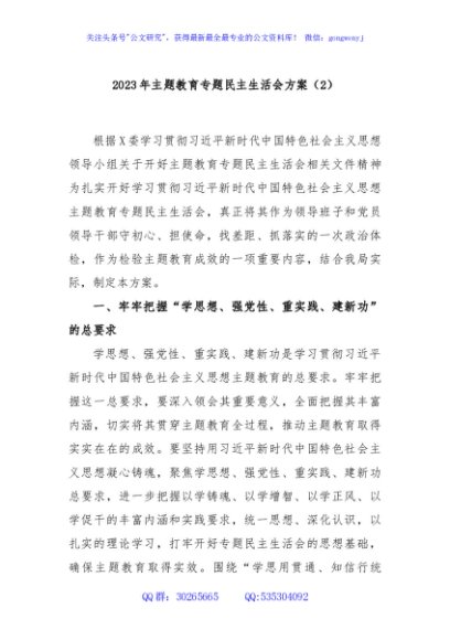 2023年主题教育专题民主生活会方案（2）