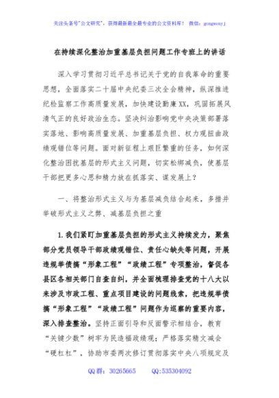 在持续深化整治加重基层负担问题工作专班上的讲话