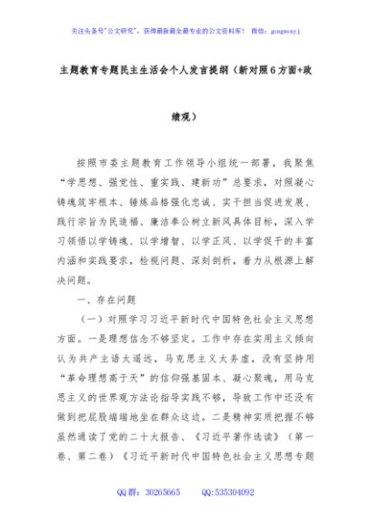 主题教育专题民主生活会个人发言提纲（新对照6方面+政绩观）