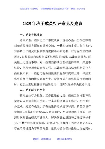 2025年班子成员批评意见及建议