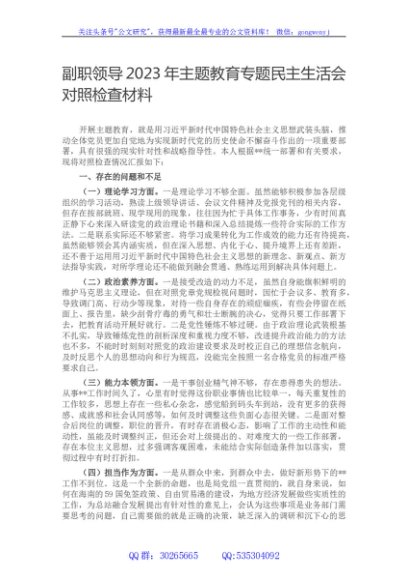 副职领导2023年主题教育专题民主生活会对照检查材料