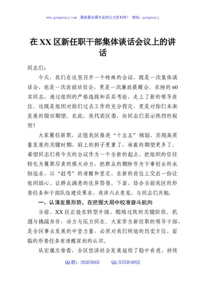在XX区新任职干部集体谈话会议上的讲话