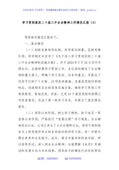 学习贯彻落实二十届三中全会精神工作情况汇报（3）