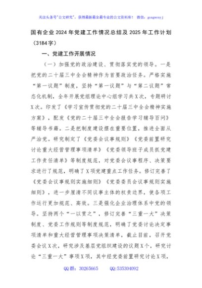 国企2024年党建工作情况总结及2025年工作计划（3184字）