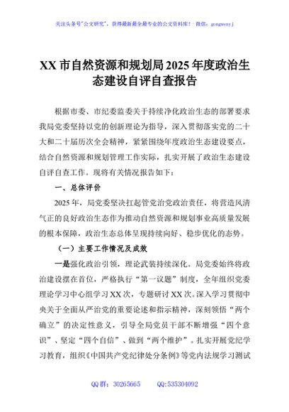 XX市自然资源和规划局2025年度政治生态建设自评自查报告
