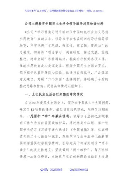 公司主题教育专题民主生活会领导班子对照检查材料