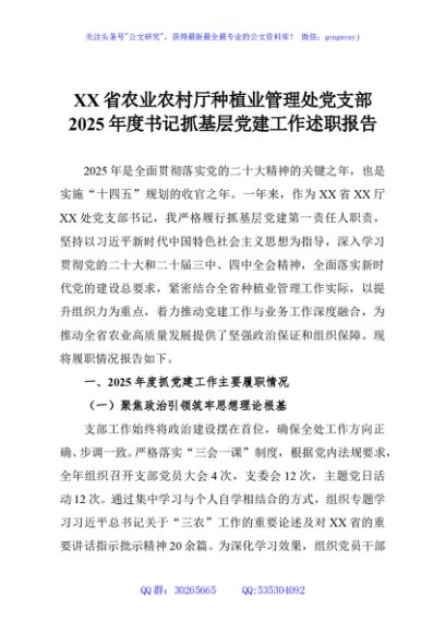 XX省农业农村厅种植业管理处党支部2025年度书记抓基层党建工作述职报告