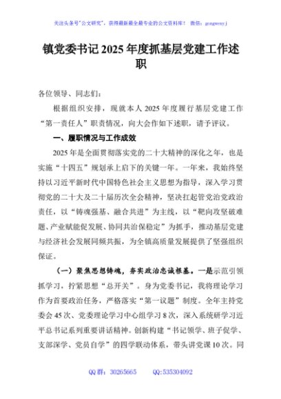 镇党委书记2025年度抓基层党建工作述职