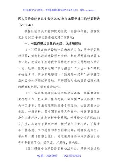 区人民检察院党总支书记2023年抓基层党建工作述职报告