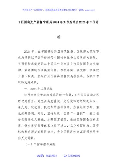 X区国有资产监督管理局2024年工作总结及2025年工作计划