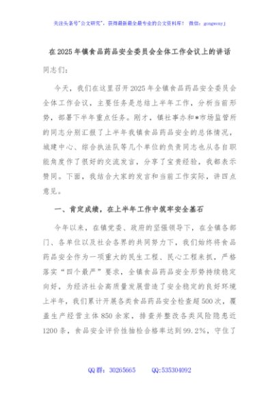 在2025年镇食品药品安全委员会全体工作会议上的讲话