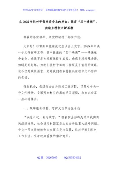 在2025年驻村干部座谈会上的发言：锚定“三个确保”，共绘乡村振兴新画卷